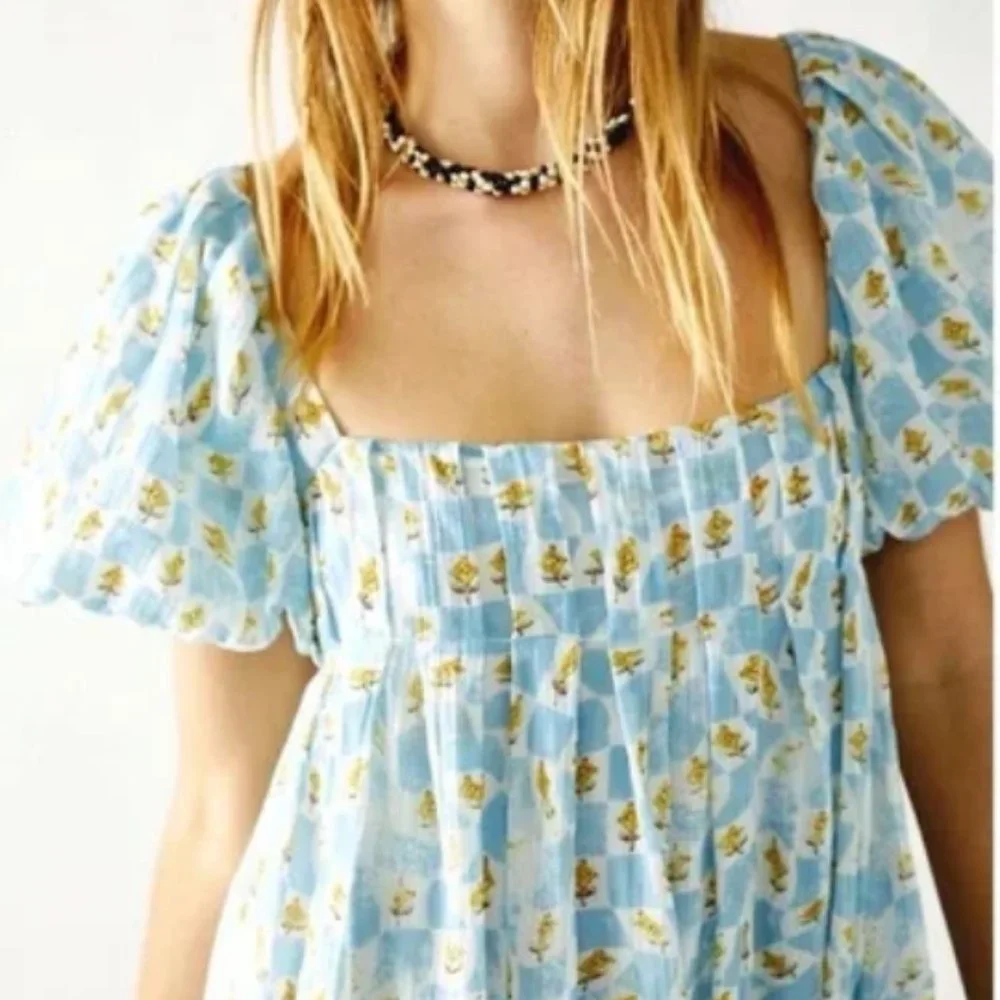 Free People Marina Mini Dress in printed Ivory Baby Blue Combo. NWT - Picture 3 of 6